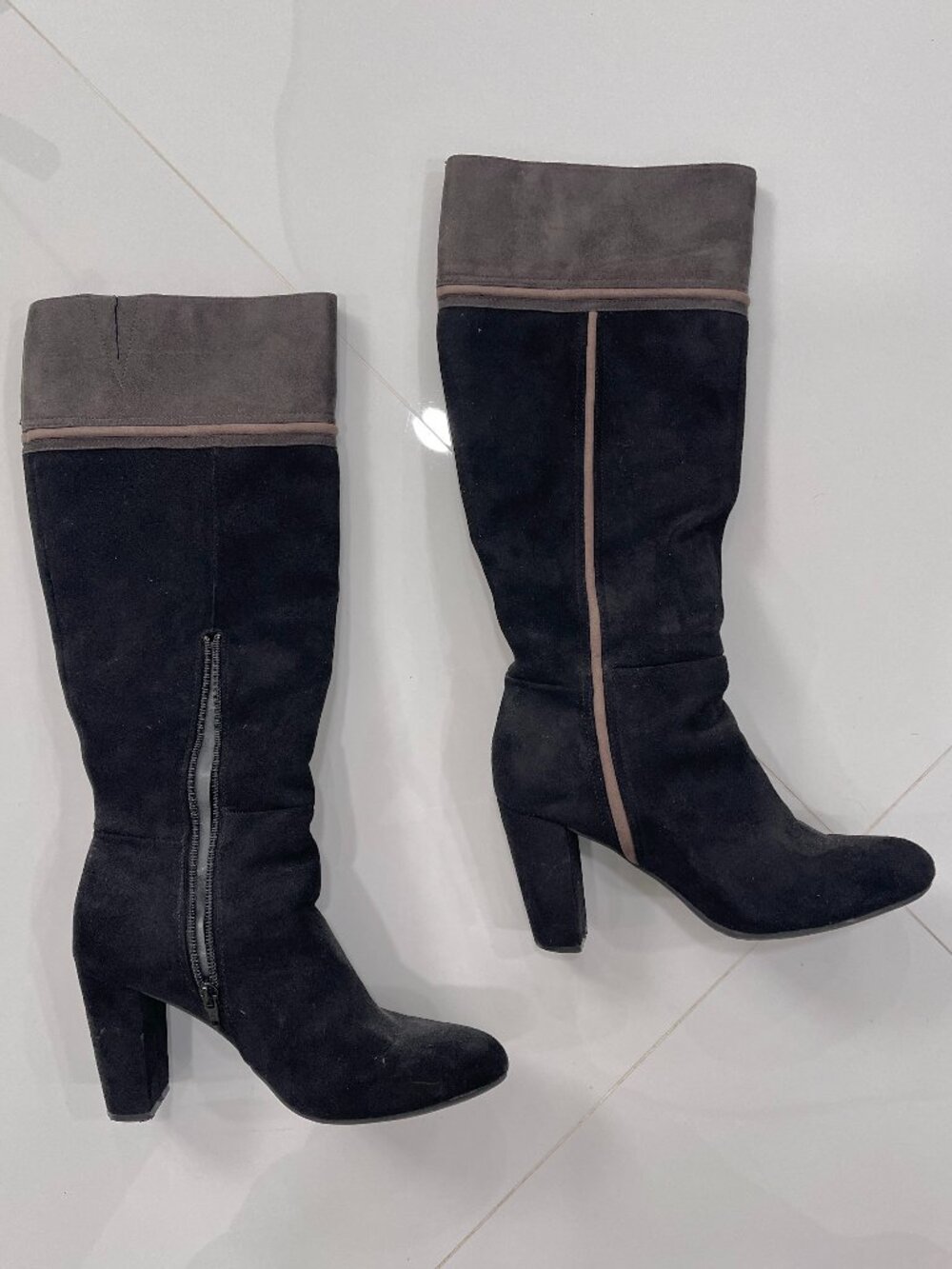 Rialto Black Gray Cordelia Patchwork Boots Zipper Suede Knee High Heel Almond 8M - Picture 2 of 15